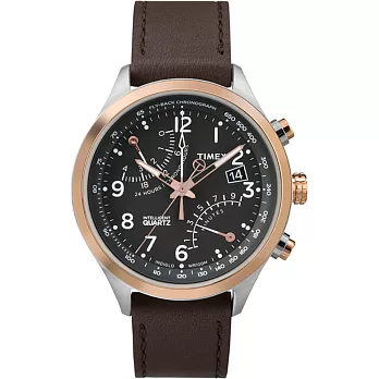 TIMEX 飛返計時指南運動腕錶-玫瑰金框黑x深咖啡皮帶
