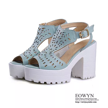 EOWYN．英倫學院風時尚百搭釦環復古雕花鏤空顯瘦百搭粗高跟涼鞋EMD01201-75/3色/34-39碼現貨+預購藍色34