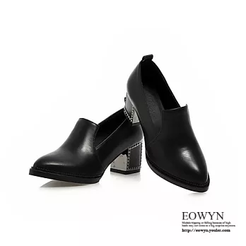EOWYN．歐美時尚獨特設計簡約休閒復古尖頭百搭粗中跟包鞋/紳士鞋EMD01209-65/3色/34-39碼現貨+預購黑色34