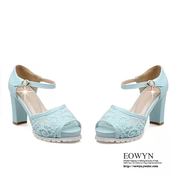 EOWYN．2015新款時尚顯瘦潮流女鞋韓版百搭釦環魚嘴粗高跟涼鞋EMD01203-58/3色/34-39碼現貨+預購藍色34