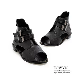 EOWYN．2015時尚個性新款簡約魚嘴釦環拉鏈百搭粗低平跟涼鞋EMD01216-59/2色/34-39碼現貨+預購黑色34