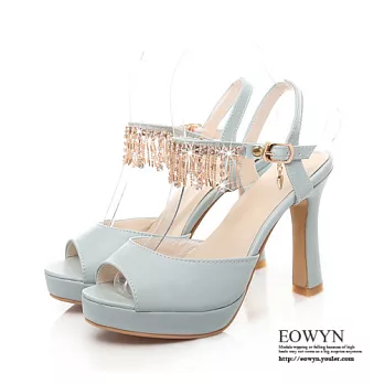 EOWYN．歐美時尚甜美金屬水鑽垂飾釦環魚嘴百搭細高跟涼鞋EMD01220-71/3色/34-39碼現貨+預購藍色34