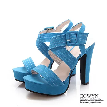 EOWYN．2015日韓風格流行時尚甜美交叉釦環百搭粗高跟涼鞋EMD01223-68/3色/34-39碼現貨+預購藍色34