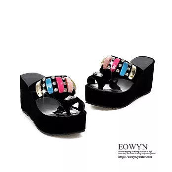 EOWYN．韓版時尚熱銷新款甜美色彩水鑽百搭夾腳厚底鬆糕涼拖鞋EMD01225-73/2色/34-39碼現貨+預購黑色34