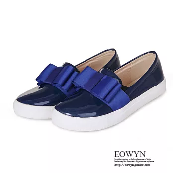 EOWYN．韓版時尚休閒甜美拼色蝴蝶結圓頭平底包鞋/娃娃鞋EMD01685-49/2色/34-39碼現貨+預購藍色34