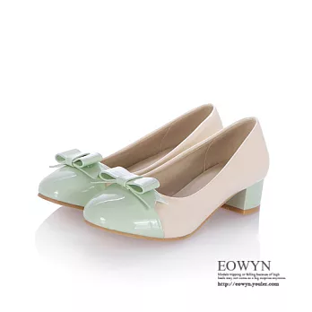 EOWYN．日韓時尚清新甜美拼色蝴蝶結圓頭百搭粗跟包鞋/娃娃鞋EMD01235-63/2色/34-39碼現貨+預購綠色34