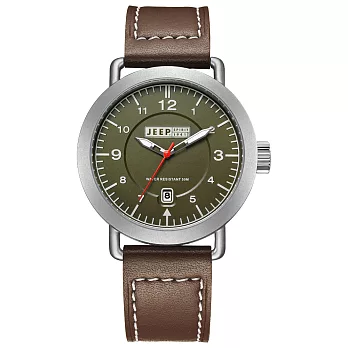 JEEP SPIRIT 暗夜潛行休閒皮帶錶-銀框綠x咖啡色