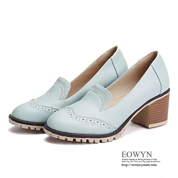 EOWYN．英倫時尚復古燒花簡約百搭休閒粗中跟包鞋EMD01341-62/3色/34-39碼現貨+預購藍色34