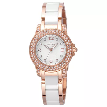 Folli Follie 柔琴音韻時尚陶瓷腕錶-玫瑰金晶鑽框x白