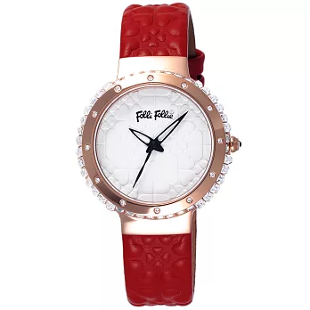 Folli Follie 海洋風情晶鑽時尚腕錶-玫瑰金框白x紅色皮帶