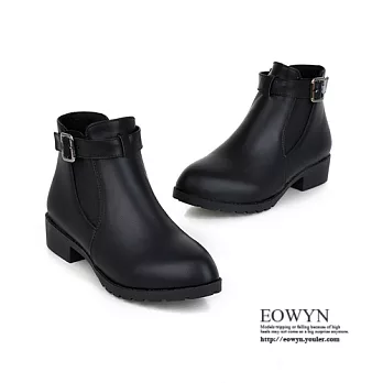 EOWYN．時尚簡約百搭顯瘦款素色釦環粗跟平底短靴EMD01619-65/3色/34-39碼現貨+預購黑色34