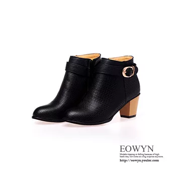 EOWYN．歐美時尚新款簡約金屬釦百搭粗跟短靴EMD01505-73/3色/34-39碼現貨+預購黑色34