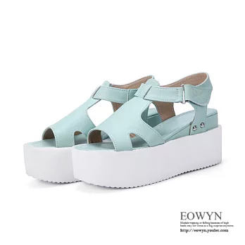 EOWYN．時尚繽紛夏日閃耀性感鏤空百搭魔術貼厚底鬆糕內增高涼鞋EMD01347-62/3色/34-39碼現貨+預購藍色34