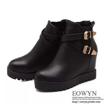 EOWYN．英國時尚百搭款金屬扣環拉鏈平底內增高短靴EMD01550-83/3色/34-39碼現貨+預購黑色34