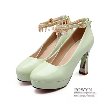 EOWYN.2015秋季顯瘦新款包鞋韓版淺口金屬釦垂飾圓頭職業粗高跟鞋EMD01376-75/3色/34-39碼現貨+預購綠色35