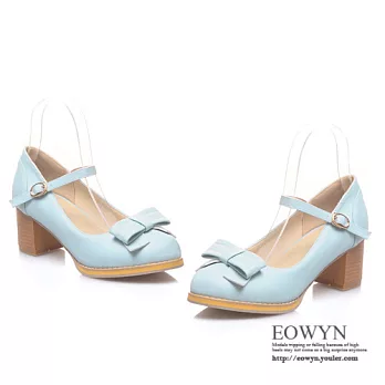 EOWYN．日韓系時尚甜美蝴蝶結金屬釦環百搭粗中跟包鞋/娃娃鞋EMD01536-62/3色/34-39碼現貨+預購藍色34