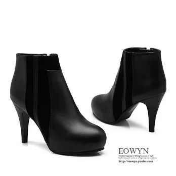 EOWYN．新款圓頭拉鏈簡約拼接短筒顯瘦百搭韓版細高跟短靴EMD01393-75/2色/34-39碼現貨+預購黑色34