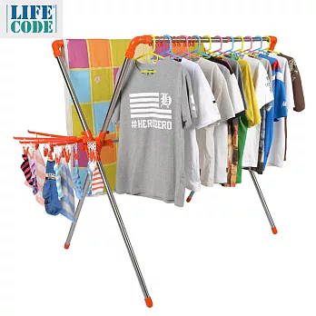 【LIFECODE】日光免螺絲X型曬衣架(桔色)-附2個曬襪架+防風掛勾_再送曬鞋架