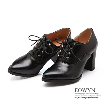 EOWYN.2015時尚新款尖頭系帶鉚釘韓版街頭OL深口高跟鞋粗跟包鞋/牛津鞋EMD01543-70/3色/34-39碼現貨+預購黑色34