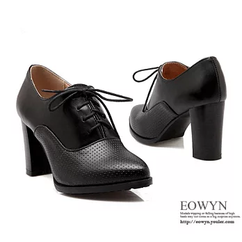 EOWYN.2015春秋四季尖頭綁帶休閒韓版OL深口高跟鞋粗跟包鞋EMD01542-64/2色/34-39碼現貨+預購黑色34