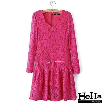 洋裝 蕾絲長袖修身連身裙 三色-HeHa-L(玫紅)