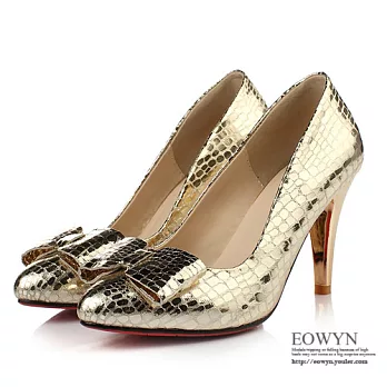 EOWYN.歐美時尚高跟鞋簡約尖頭蝴蝶結顯瘦百搭細跟包鞋EMD01437-78/2色/34-39碼現貨+預購金色34