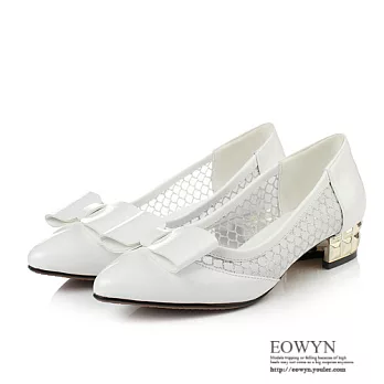 EOWYN.時尚百搭顯瘦涼鞋甜美蝴蝶結尖頭網紗粗低跟包鞋EMD01451-82/2色/34-39碼現貨+預購白色34