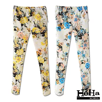 長褲 印花鬆緊腰窄管鉛筆長褲 二色-HeHa-M(黃色）
