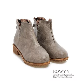 EOWYN．英倫時尚簡約復古風素面拉鏈圓頭造型粗中跟短靴EMD01484-70/3色/34-39碼現貨+預購灰色38