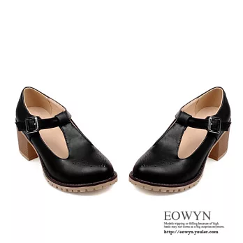 EOWYN．韓版時尚涼鞋復古燒花圓頭金屬釦休閒粗中跟包鞋EMD01485-63/3色/34-39碼現貨+預購黑色38