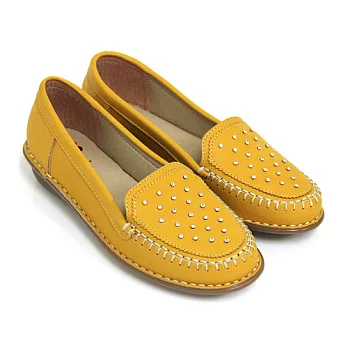【Pretty】質感水鑽點綴小坡跟莫卡辛楔型鞋36黃色
