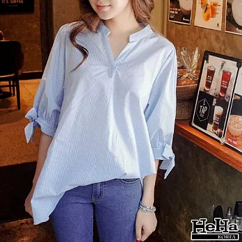 襯衫 條紋V領綁帶五分泡袖上衣-HeHa-S*