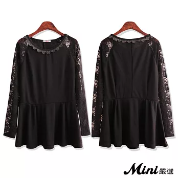 上衣 花邊領口蕾絲收腰下擺荷葉邊 黑色-Mini嚴選-FREE*