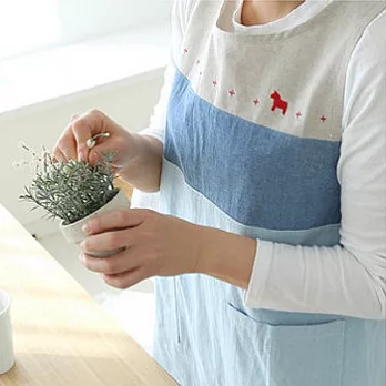 [Mamae] 出口韓國 時尚織繡麻棉圍裙 簡約風格 成人廚房圍裙淺藍色