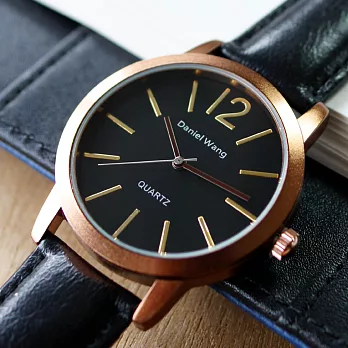 Daniel Wang 3127 簡約時尚刻度圓盤皮革錶帶手錶 (磨砂框)-黑色金框