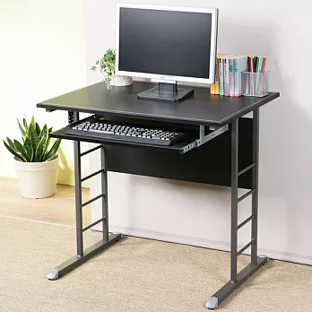 《Homelike》馬克80cm辦公桌-仿馬鞍皮(附鍵盤架)(兩色可選)黑色桌面炫灰桌腳