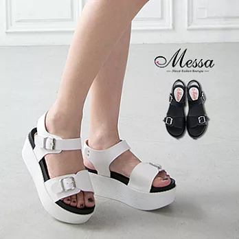 【Messa米莎專櫃女鞋】MIT 嚴選格調金屬皮帶扣飾厚底鬆糕涼鞋-兩色36白色
