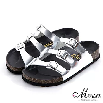 【Messa米莎專櫃女鞋】MIT 潮流三釦帶人體工學設計休閒涼拖鞋-四色35銀色