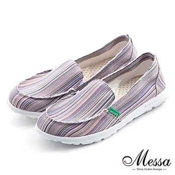 【Messa米莎專櫃女鞋】MIT 和風隨性多彩條紋不修邊懶人便鞋-二色36米色