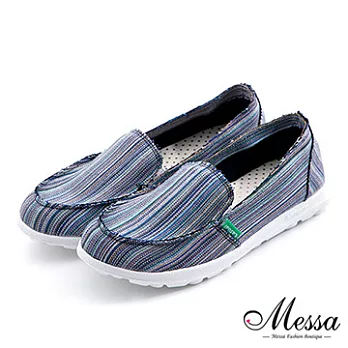【Messa米莎專櫃女鞋】MIT 和風隨性多彩條紋不修邊懶人便鞋-二色36藍色