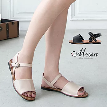 【Messa米莎專櫃女鞋】MIT 渡假氛圍一字寬帶側釦繫踝平底涼鞋-二色35米色