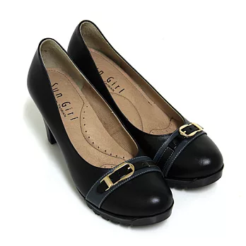 ◤Green Phoenix◥典雅粹煉撞色金屬飾扣全真皮粗高跟包鞋22黑色