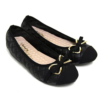 【Pretty】知性典雅金屬蝴蝶結拼接菱格紋娃娃平底鞋25黑色