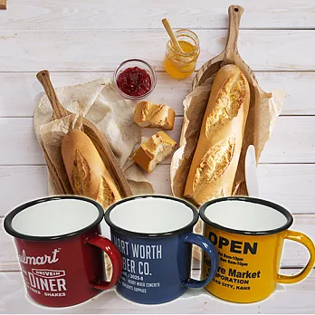 【Homely Zakka】午茶食光英文風琺瑯馬克杯三入組(紅1+黃1+藍1)