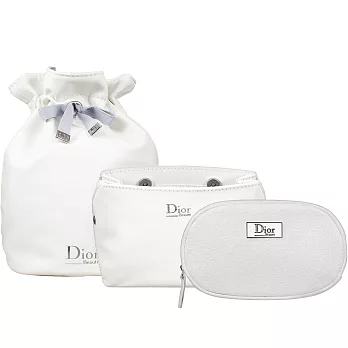 Dior 迪奧 壓紋磁扣Beaute化妝包+橢圓銀星燦Beaute美妝包+柔白皮質圓桶束口包