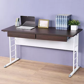 《Homelike》馬克140cm辦公桌-加厚桌面(附抽屜.鍵盤架)(兩色可選)胡桃桌面亮白桌腳