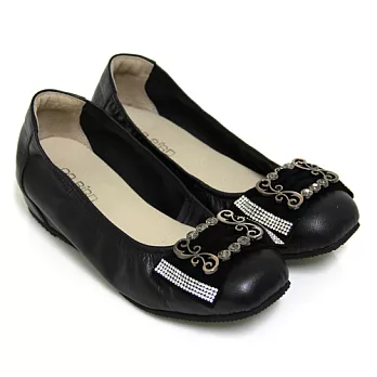 ◤Green Phoenix◥耀眼奪目金屬花邊麂皮蝴蝶結水鑽束口全真皮內增高娃娃鞋26黑色