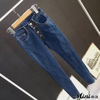 長褲 高腰排釦修身牛仔鉛筆褲 藍色-Mini嚴選-25*