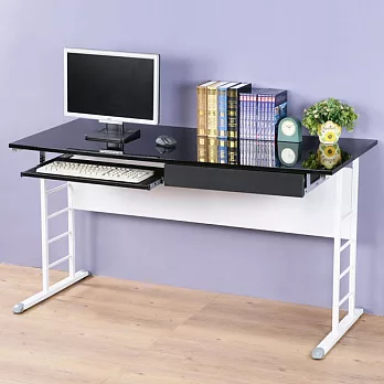 《Homelike》馬克140cm辦公桌-亮面烤漆(附抽屜、鍵盤架)(兩色可選)黑色桌面炫灰桌腳