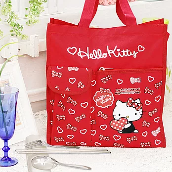 HELLO KITTY 直式才藝袋/補習袋/便當袋-紅色+台灣製環保三件式餐具組